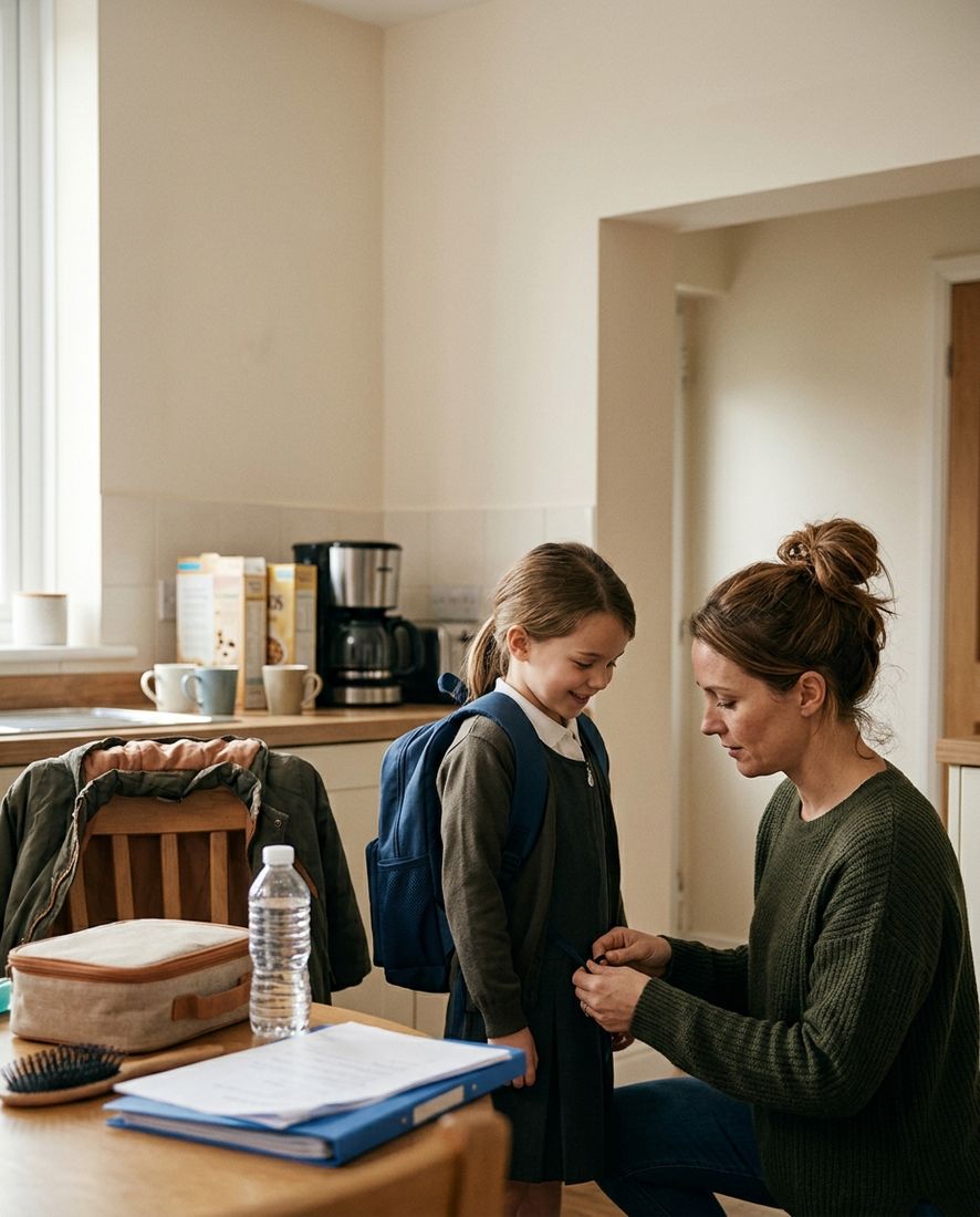 A mother getting her daughter ready for school in the kitchen